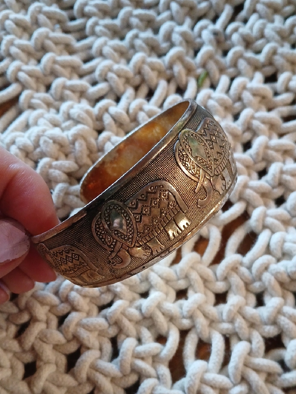Antique-Style Elephant Bangle Bracelet in Aged Gold Tone